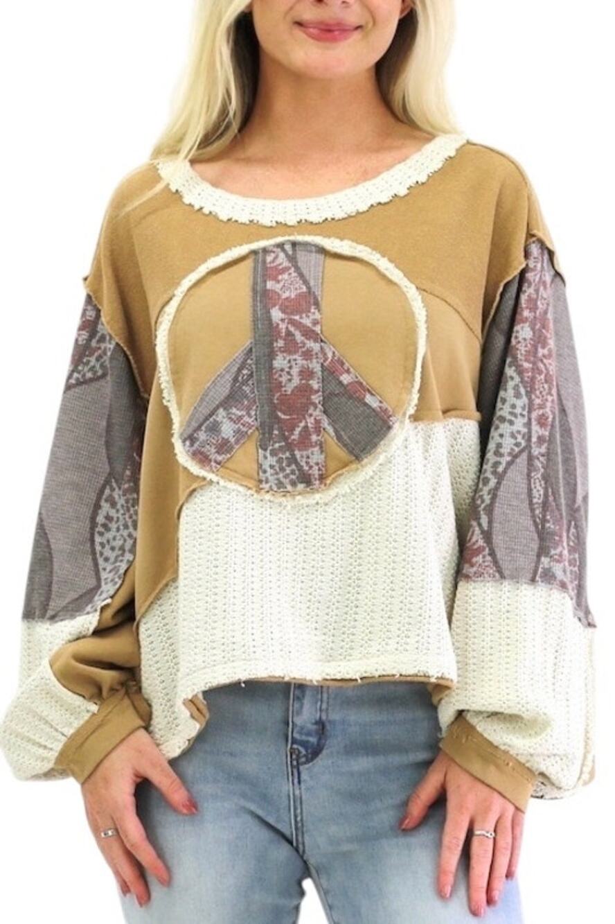 POL Oversized Peace Sign Terry Thermal Patchwork Boho Hippie Pullover Top Size S